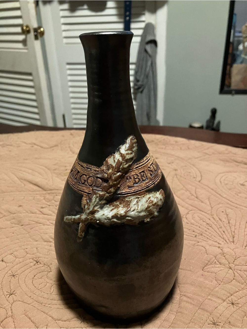 Handcrafted Vintage Black Pottery Vase With an Inscription